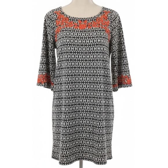 THML Mini Dress Size M Petite Black White Orange Embroidered Boho - Picture 1 of 9